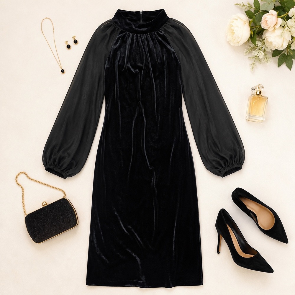 Marc New York Black Velvet MockNeck Sheer Sleeve Cocktail Dress PLJV1KK8 Size 12